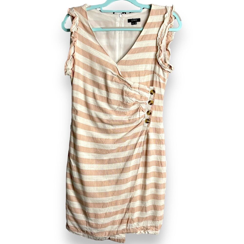 & Merci Striped Faux Wrap Mini Dress Women's Medium Ivory Linen Blend Spring Zip